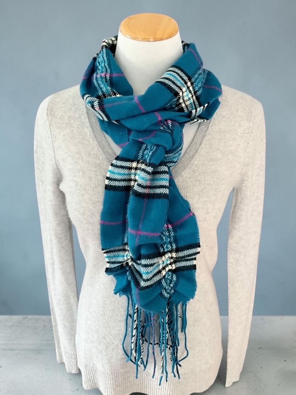 Plaid Turquoise Ruffled Rectangular Acrylic Scarf with Fringe 8.5”W x 78”L